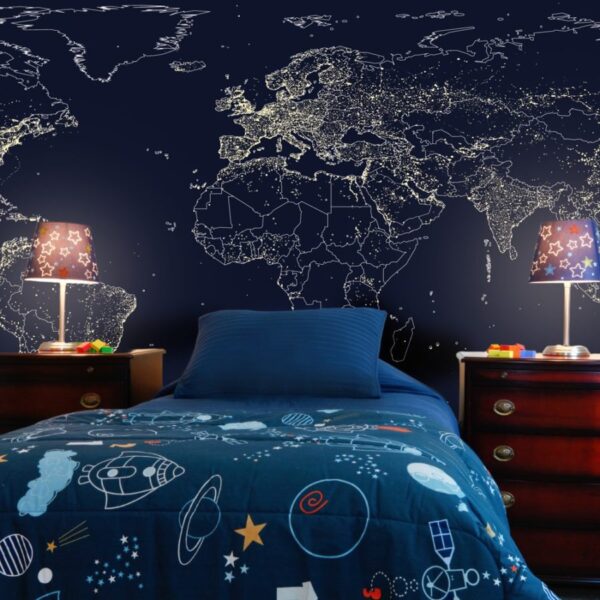 Mural Lights Maps - Transform any room into a global adventure with this stunning nighttime world map mural featuring