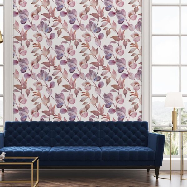 Lauras Love Wallpaper - This elegant botanical wallpaper features watercolor-style leaves in soft pink, purple, and brown