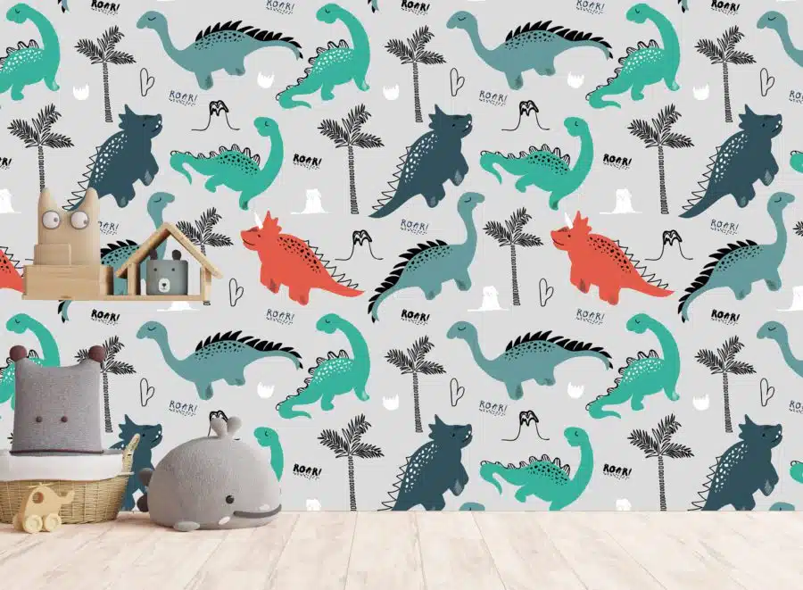 Dino Love boys bedroom peel and stick wallpaper.