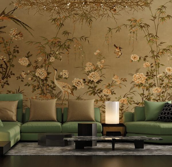 Japanese Ikebane style golden flower art wallpaper and wall murals shop in South Africa. Wallpaper and wall mural online store with a huge range for sale.