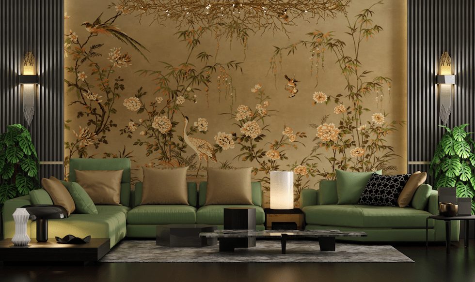 Japanese Ikebane style golden flower art wallpaper and wall murals shop in South Africa. Wallpaper and wall mural online store with a huge range for sale.