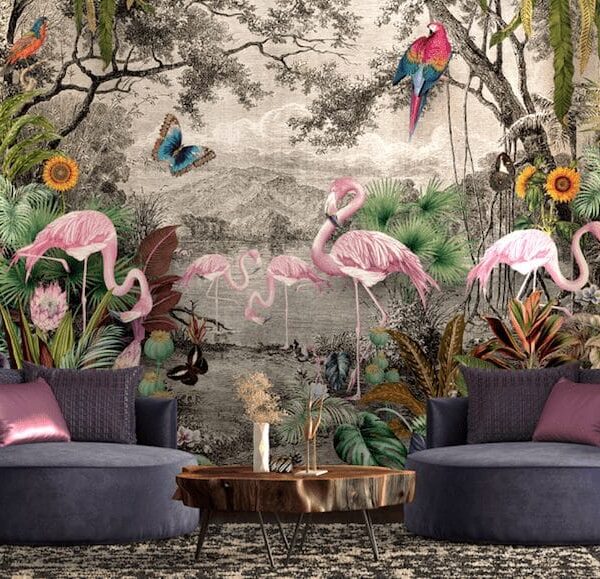 Flamingos, parrots and sunflowers by the forest's watering hole wallpaper and wall murals shop in South Africa. Wallpaper and wall mural online store with a huge range for sale.