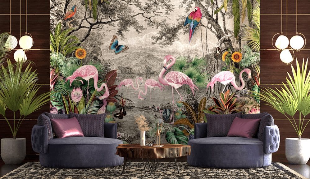 Flamingos, parrots and sunflowers by the forest's watering hole wallpaper and wall murals shop in South Africa. Wallpaper and wall mural online store with a huge range for sale.