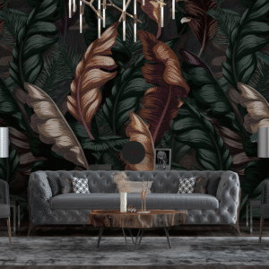 Artistic bronze, red and gold leaves on green leaf background wallpaper and wall murals shop in South Africa. Wallpaper and wall mural online store with a huge range for sale.