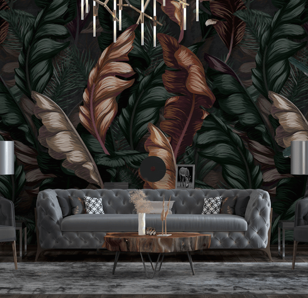 Artistic bronze, red and gold leaves on green leaf background wallpaper and wall murals shop in South Africa. Wallpaper and wall mural online store with a huge range for sale.
