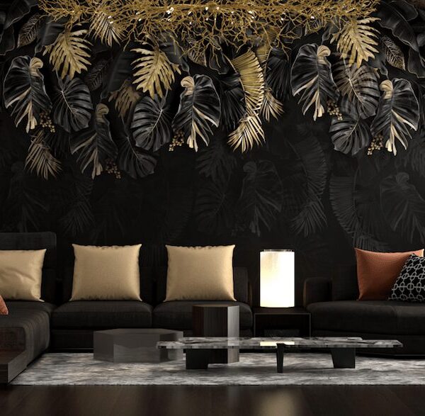 Statement Collection overhanging black tropical leaves with golden metallic finishes wallpaper and wall murals shop in South Africa. Wallpaper and wall mural online store with a huge range for sale.