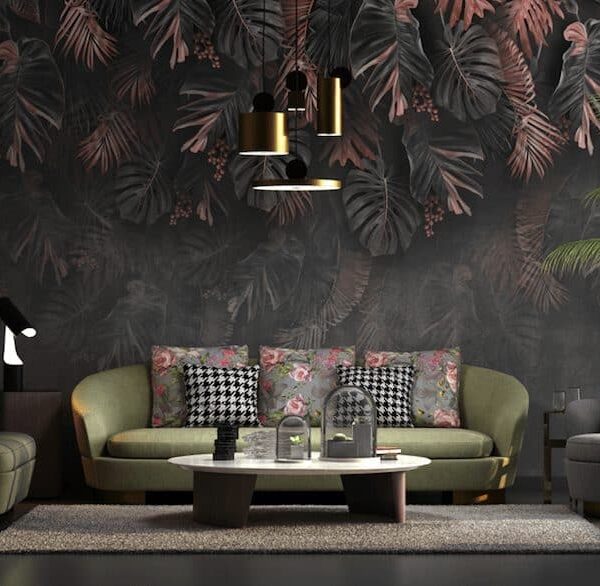 Statement Collection overhanging black tropical leaves with red metallic finishes wallpaper and wall murals shop in South Africa. Wallpaper and wall mural online store with a huge range for sale.