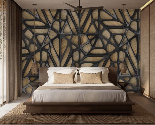 Brown wood with a geometric black overlay pattern wallpaper and wall murals shop in South Africa. Wallpaper and wall mural online store with a huge range for sale.