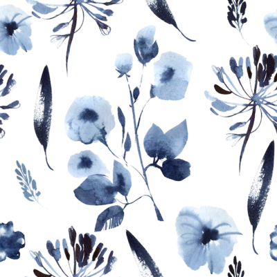 Blue flowers and leaves on white background wallpaper and wall murals shop in South Africa. Wallpaper and wall mural online store with a huge range for sale.