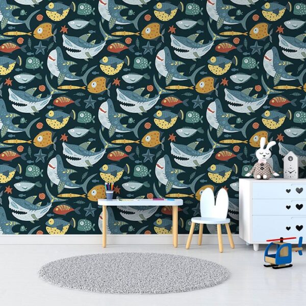 Sharky Sharks - Canadian-made peel and stick wallpaper for nursery and bedroom walls