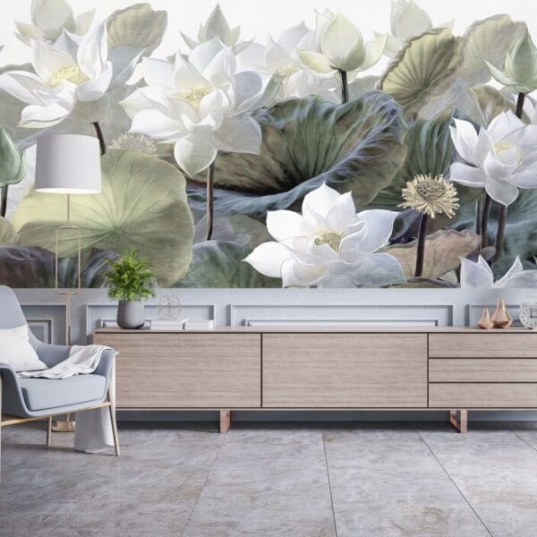 Mural Trumpets - This stunning forest-inspired mural features delicate white water lilies and lush green foliage that brings