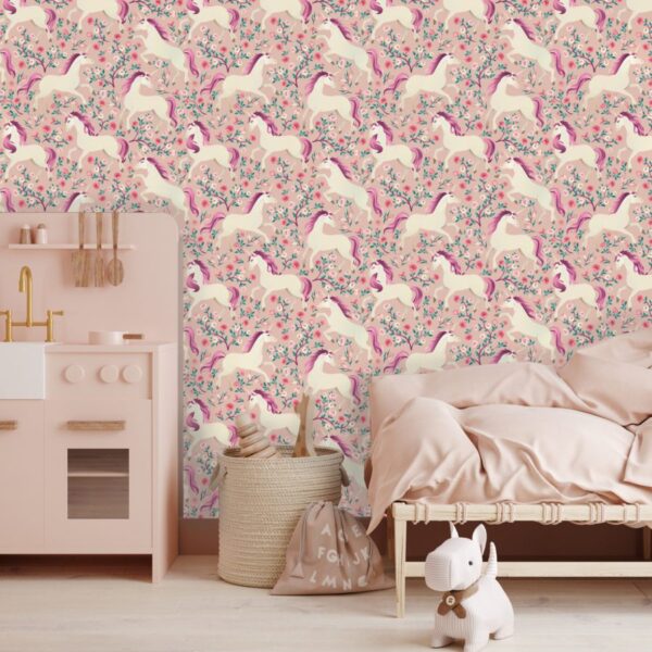 Unicorn Rose in Pink - Canadian-made peel and stick wallpaper for bedroom and nursery walls