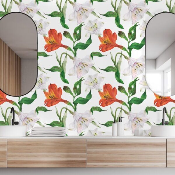 White orange lilies wallpaper and wall murals shop in South Africa. Wallpaper and wall mural online store with a huge range for sale.