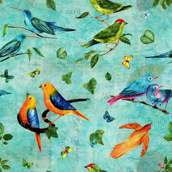 Flapping Cerulean Wallpaper - This vibrant tropical wallpaper features hand-painted birds, butterflies, and foliage