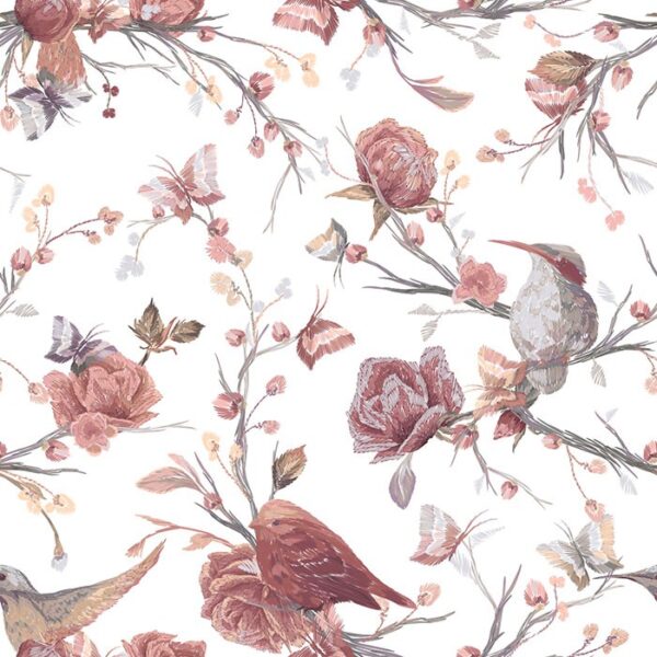 Vintage Quill Designer Wallpaper - This enchanting wallpaper blends vintage botanical florals with delicate bird