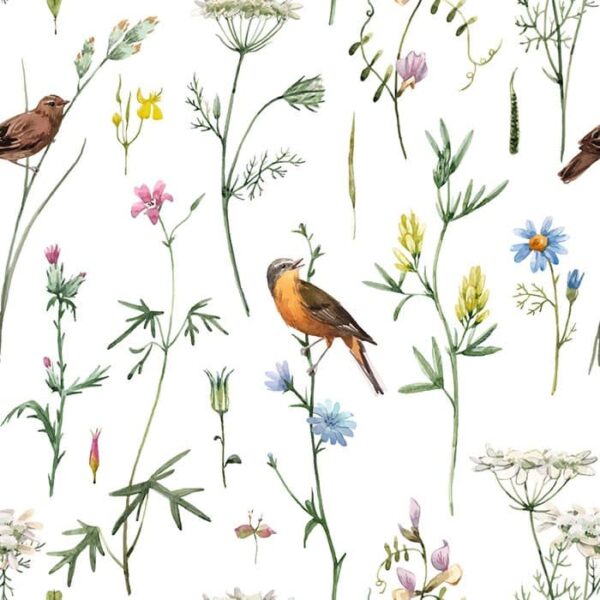 Soaring Sprig Wallpaper - This elegant botanical wallpaper features delicate wildflowers, grasses, and birds artfully