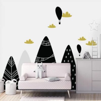 Mural Black Cap Mountains - This delightful mural features whimsical black mountains, trees, and hot air balloons with gold