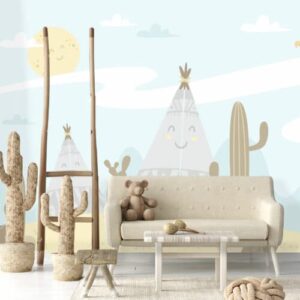 Mural Cactus Camping - This charming mural features a whimsical desert camping scene complete with smiling tepees, friendly