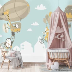 Mural Flying High - Whimsical hot air balloons float across a serene sky with adorable animals and charming house