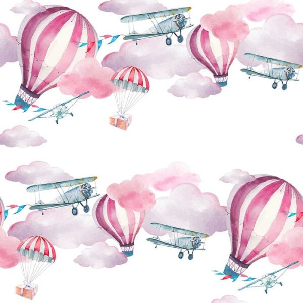 Floating Away Wallpaper - This whimsical wallpaper features charming watercolor hot air balloons and vintage planes floating