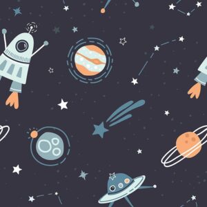 Intergalantis Wallpaper - This whimsical space-themed wallpaper brings imagination to life with cheerful rockets, planets,
