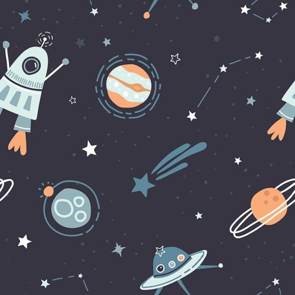 Intergalantis Wallpaper - This whimsical space-themed wallpaper brings imagination to life with cheerful rockets, planets,