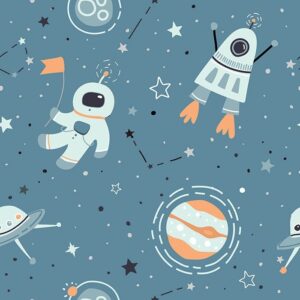 Blue Space Zone Wallpaper - This whimsical space-themed wallpaper features charming illustrated astronauts, rockets, and