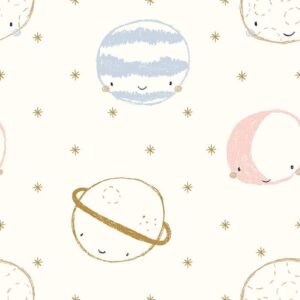 Smiling Space Wallpaper - This enchanting peel & stick wallpaper features whimsical smiling celestial characters—planets and