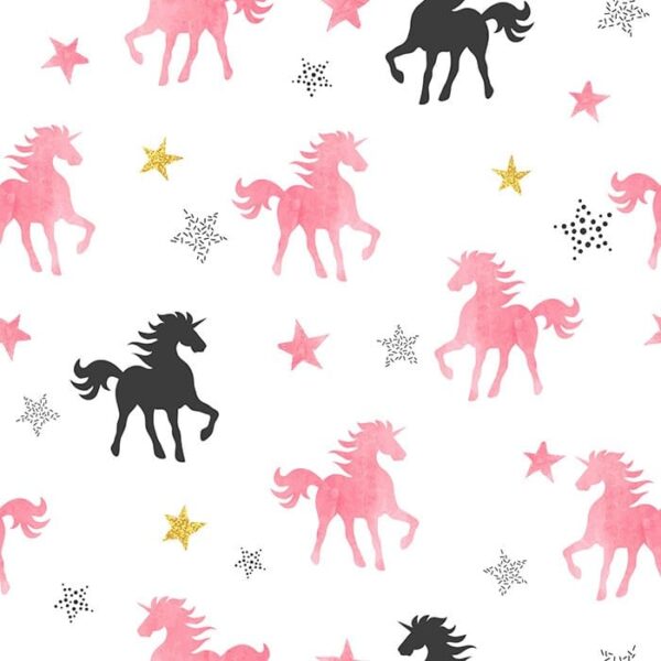 Blush Broncos Unicorn Wallpaper - This charming peel-and-stick wallpaper features prancing unicorns and horses in soft pink