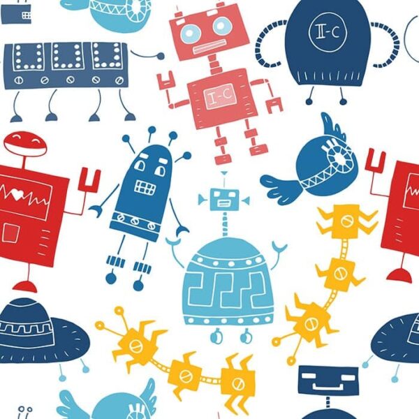 Robotic Connexion Wallpaper - Robotic Connexion is a vibrant, whimsical wallpaper featuring cheerful robots, spaceships, and