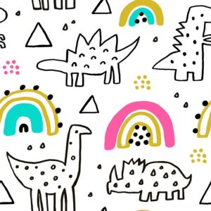 Dino Shapes Wallpaper - This delightful peel-and-stick wallpaper features charming hand-drawn dinosaurs, rainbows, and