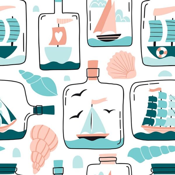 Bottles Of Boats Wallpaper - This charming nautical wallpaper features whimsical sailboats, shells, and maritime treasures