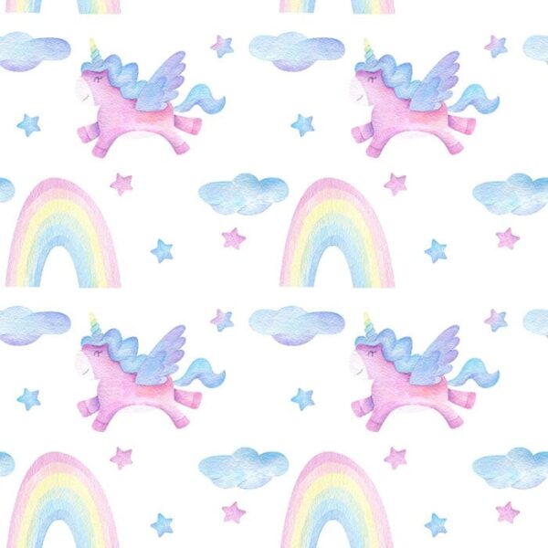 Carefree Wallpaper - This enchanting wallpaper features whimsical pink unicorns with blue wings, fluffy clouds, and rainbow