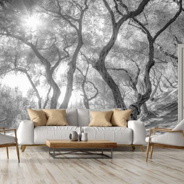 Mural Nature Walk - This stunning black and white forest mural captures the majesty of towering trees with intricate branch