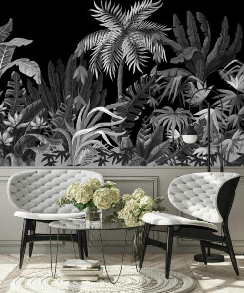 Mural Positive Effect - This striking black and white botanical mural brings a sophisticated forest landscape indoors,