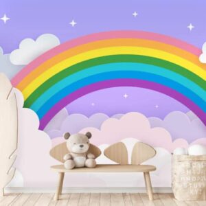 Mural Rainbow Clouds - This charming mural brings whimsical magic to any child's space with a vibrant rainbow arching