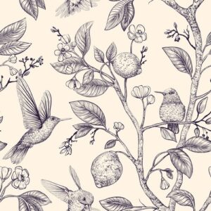 Sugar Lemon Wallpaper - Sugar Lemon Wallpaper features an elegant hand-drawn botanical design with delicate hummingbirds,