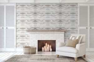 White Wood Planks wall mural with weathered horizontal planks in whitewash and driftwood grey in a coastal bathroom — Wallpaper Online Canada