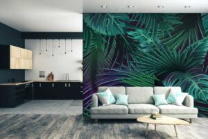 Midnight Palm Leaves wall mural with oversized emerald and teal palm fronds on a midnight ground in a moody bedroom — Wallpaper Online Canada