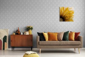 Tulip Chain wallpaper with small-scale grey tulips linked in delicate chains on cream ground in a home office accent wall — Wallpaper Online Canada