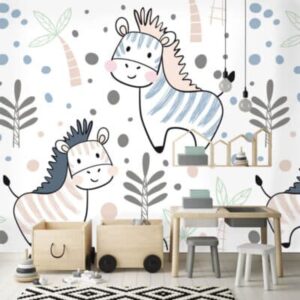 Mural Funky Z Stripes - Mural Funky Z Stripes brings whimsical hand-drawn zebras and botanical elements to life with its