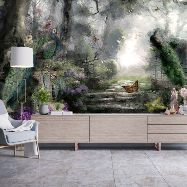Mural Cryptic Garden - This enchanting forest mural transports you to a mystical garden filled with peacocks, flowering