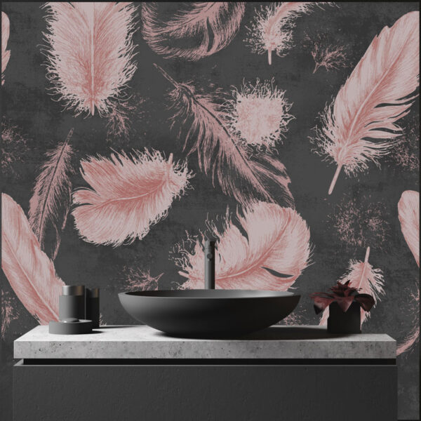 Mural Elana - Mural Elana transforms any space with its striking oversized feather motifs in soft pink against a moody