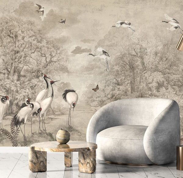 Mural Storks in Eden - Mural Storks in Eden transports you to a serene, monochromatic forest sanctuary with graceful storks