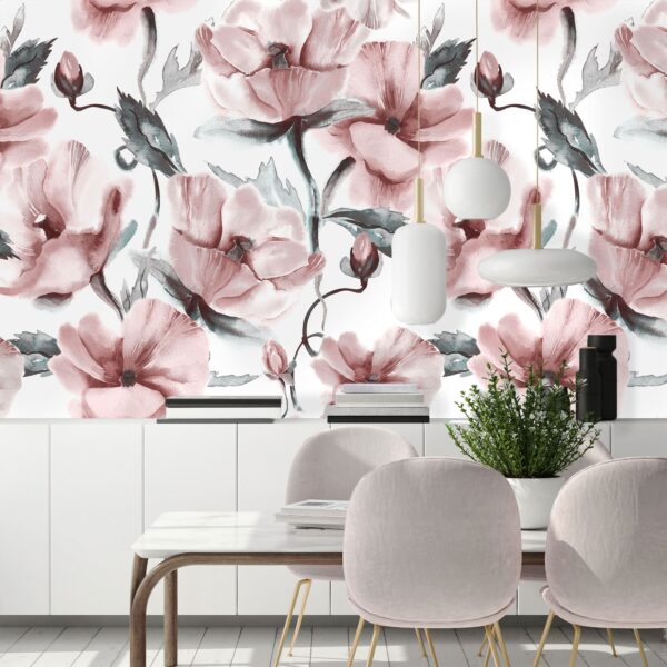 Mural Textured Soul - This exquisite watercolour floral mural features delicate pink blooms with grey-green foliage on a