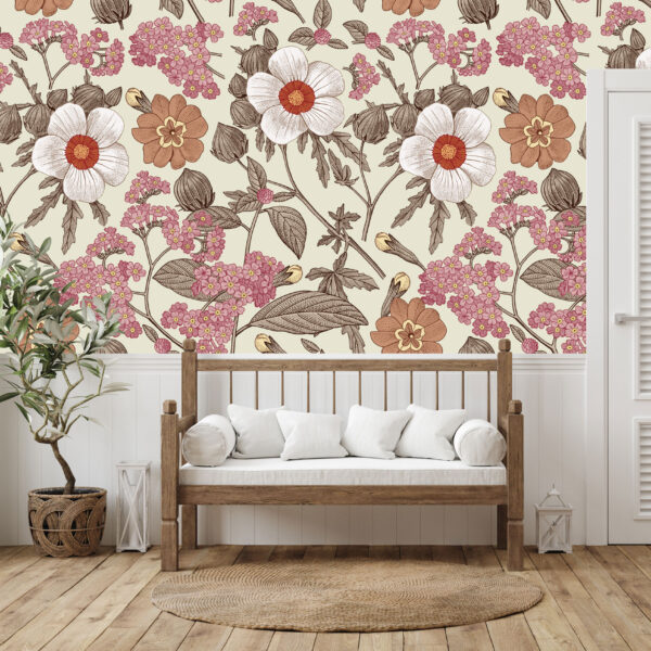 Mural Twining Patch - This enchanting floral mural features delicate white daisies with red centers, soft pink clustered