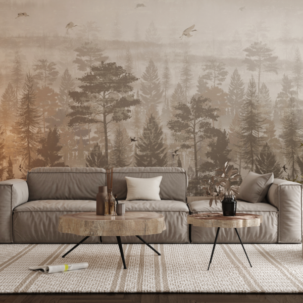 Mural Sepia Town - Transport yourself to a misty forest sanctuary with this serene sepia-toned mural featuring towering