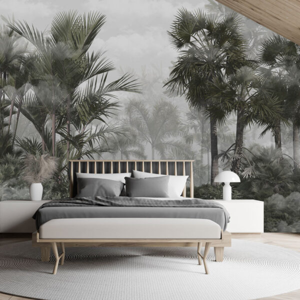 Mural Abreau Forest - Transport yourself to a serene tropical forest with this stunning mural featuring misty palm trees and