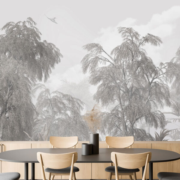 Mural Balboa Forest - This stunning forest mural transports you to a serene, misty woodland with graceful weeping willows