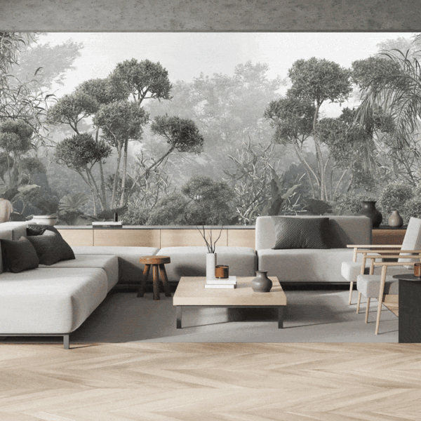 Mural Columbus Forest - Bring the serene beauty of a misty forest into your home with this stunning mural that captures lush